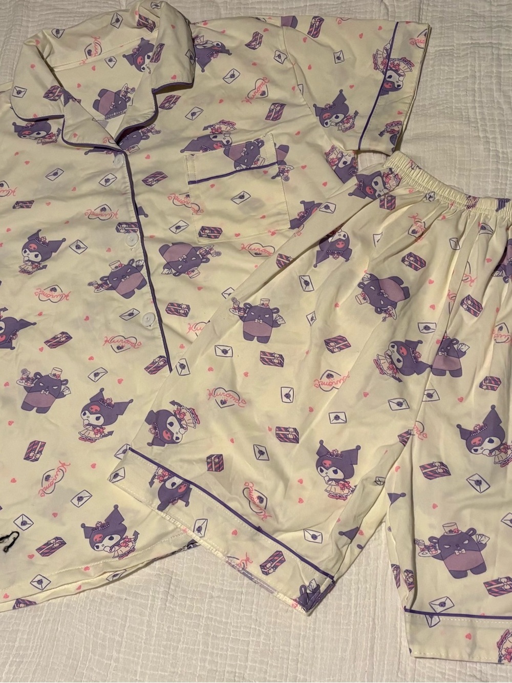 Girls' Cream and Purple Character Pajama Set - Cute Short Sleeve & Shorts